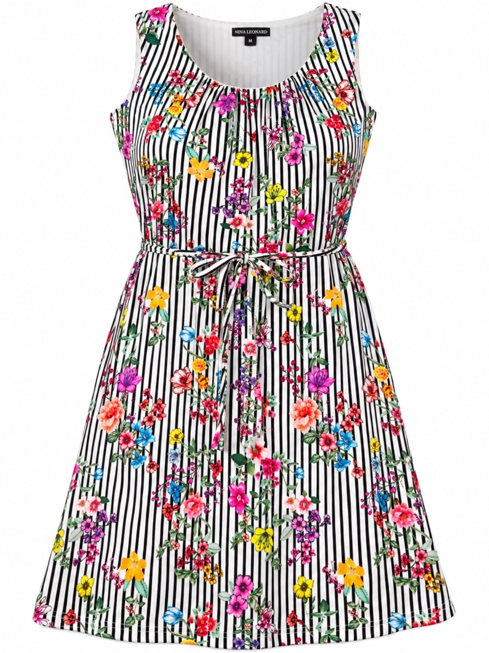 Nina Leonard Black & White Striped Floral Tie-Waist Sundress